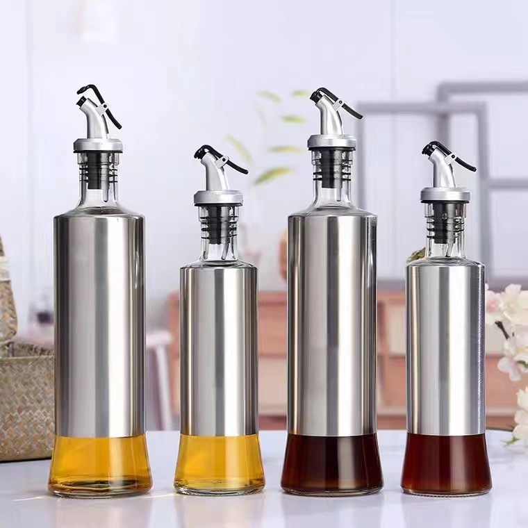 300ml Leather Shell Oil Bottle Soy Sauce Bottle High-End Household Lead-Free Glass Stainless Steel Leather Shell Oiler Combination Set