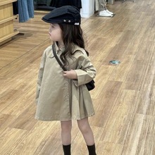 2023秋季新款童装 韩版童装 女童裙摆式风衣 纯色中长款风衣外套