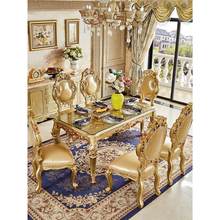 欧式实木雕花长方形餐桌椅组合小户型别墅香槟金色带钢化玻璃家用
