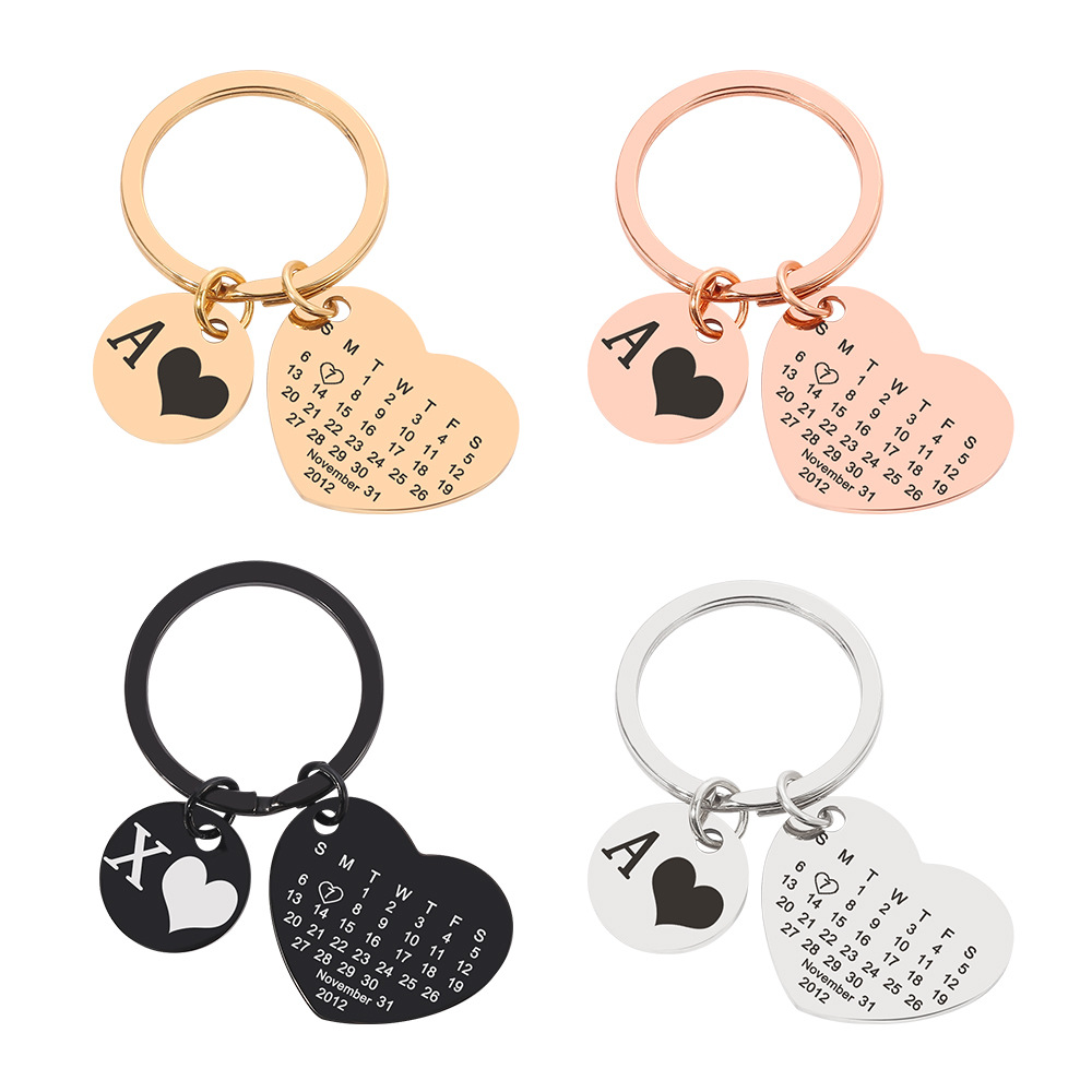 制爱心圆片日历钥匙扣不锈钢心形定.制名字文字配饰