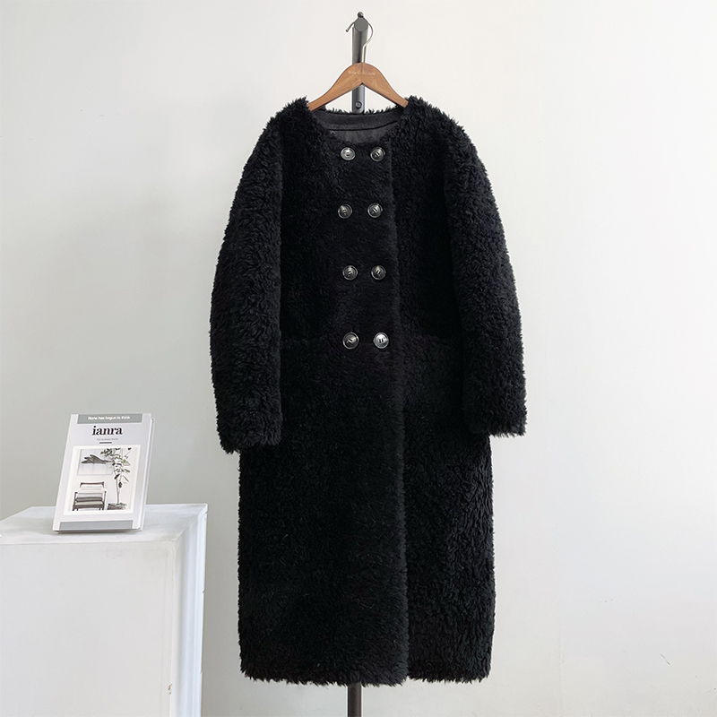 法式双排扣长款羊羔毛复合皮毛一体纯色皮草大衣进口羊毛女冬宽松