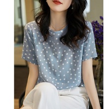 外贸跨境2022夏季新款韩版法式经典仿桑蚕丝晴空蓝波点短袖上衣女