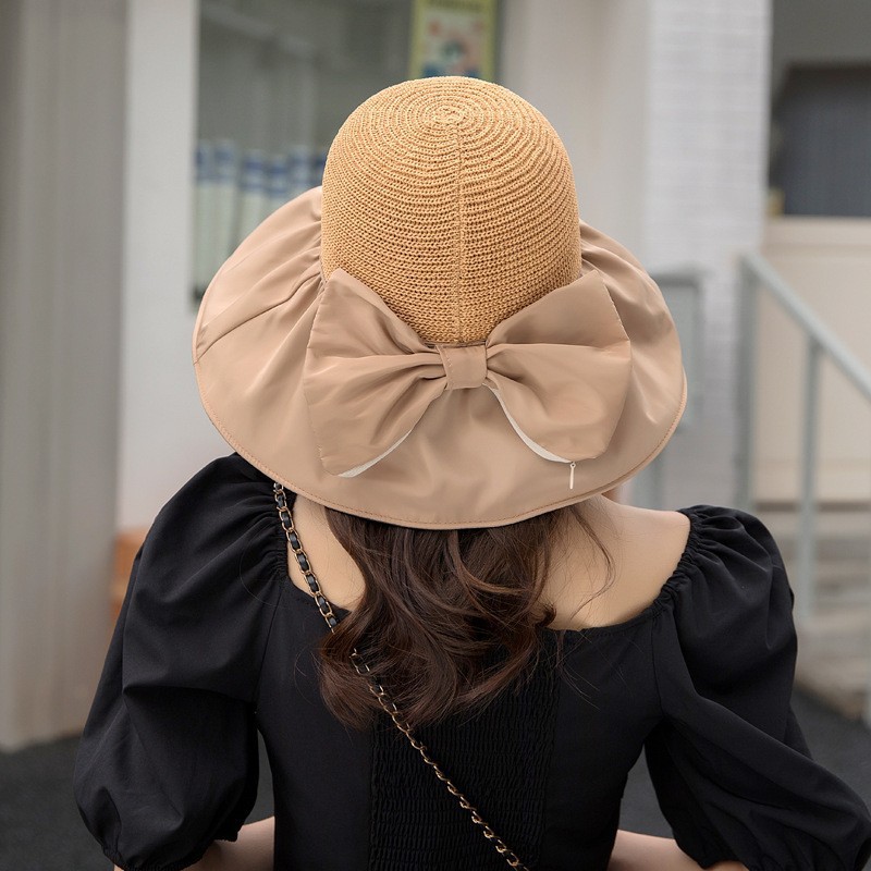 Hat Female Summer Vinyl Bow Sunhat Uv Protection Hollow-out Straw Hat Face Cover Sun-Proof Sun Bucket Hat