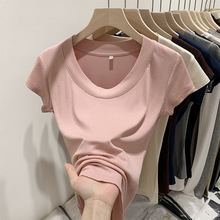 设计感小个子正肩低圆领短袖t恤女装潮2024夏季新款纯色修身上衣