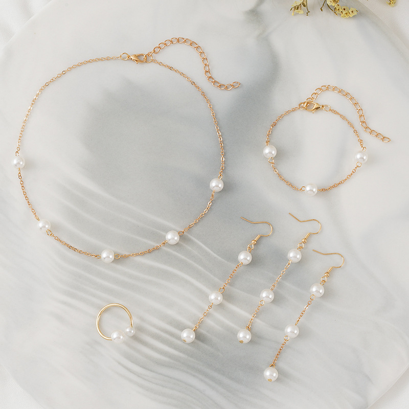 欧美跨境饰品 复古法式气质珍珠项链耳环手链戒指四件套首饰套装