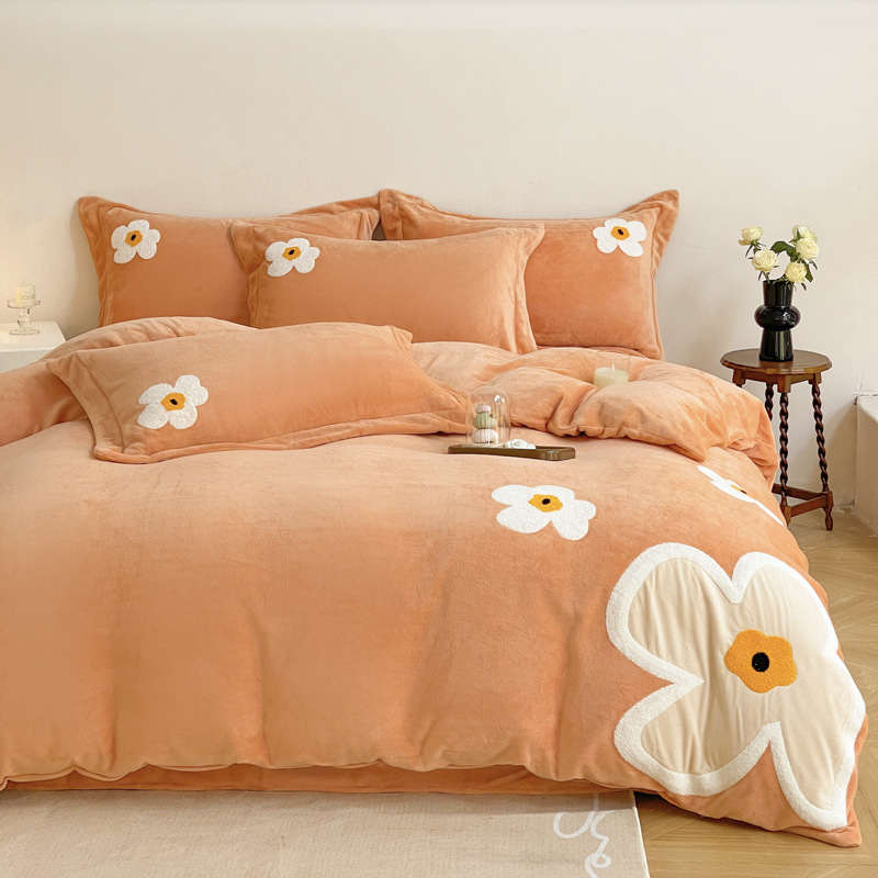 new milk fiber fourpiece set fleecelined thick flannel bed sheet