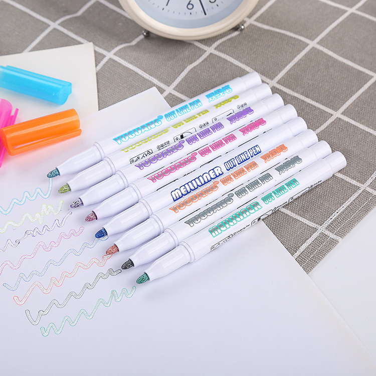 8 Color Double Line Contour Pen Fluorescent Marker DIY Multifunctional Contour Pen Color Journal Pen Flash Boxed Wholesale