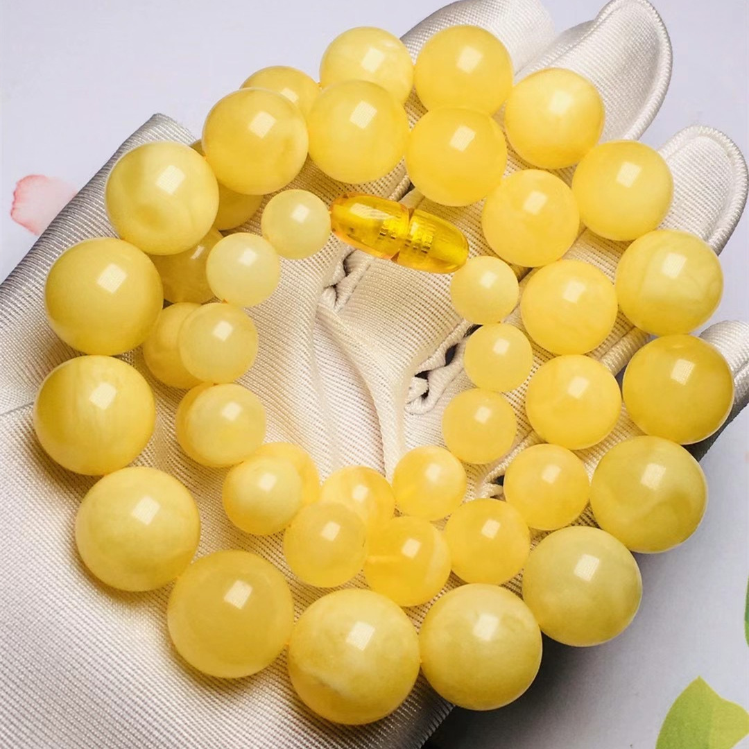 琥珀蜜蜡塔链 满蜜白花圆珠女士项链 蜡质浓郁 支持检测