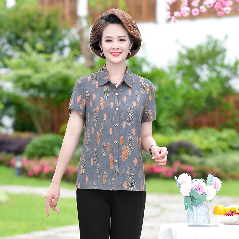 中老年夏季新款女奶奶装衬衫上衣雪纺印花妈妈夏装衬衣老人衣服薄
