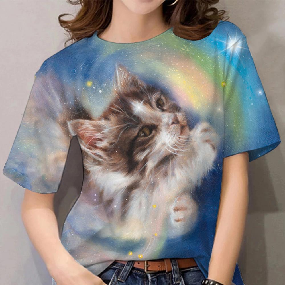 外贸女式恤女孩打印猫图案T恤夏季时尚休闲街头短袖上衣恤女