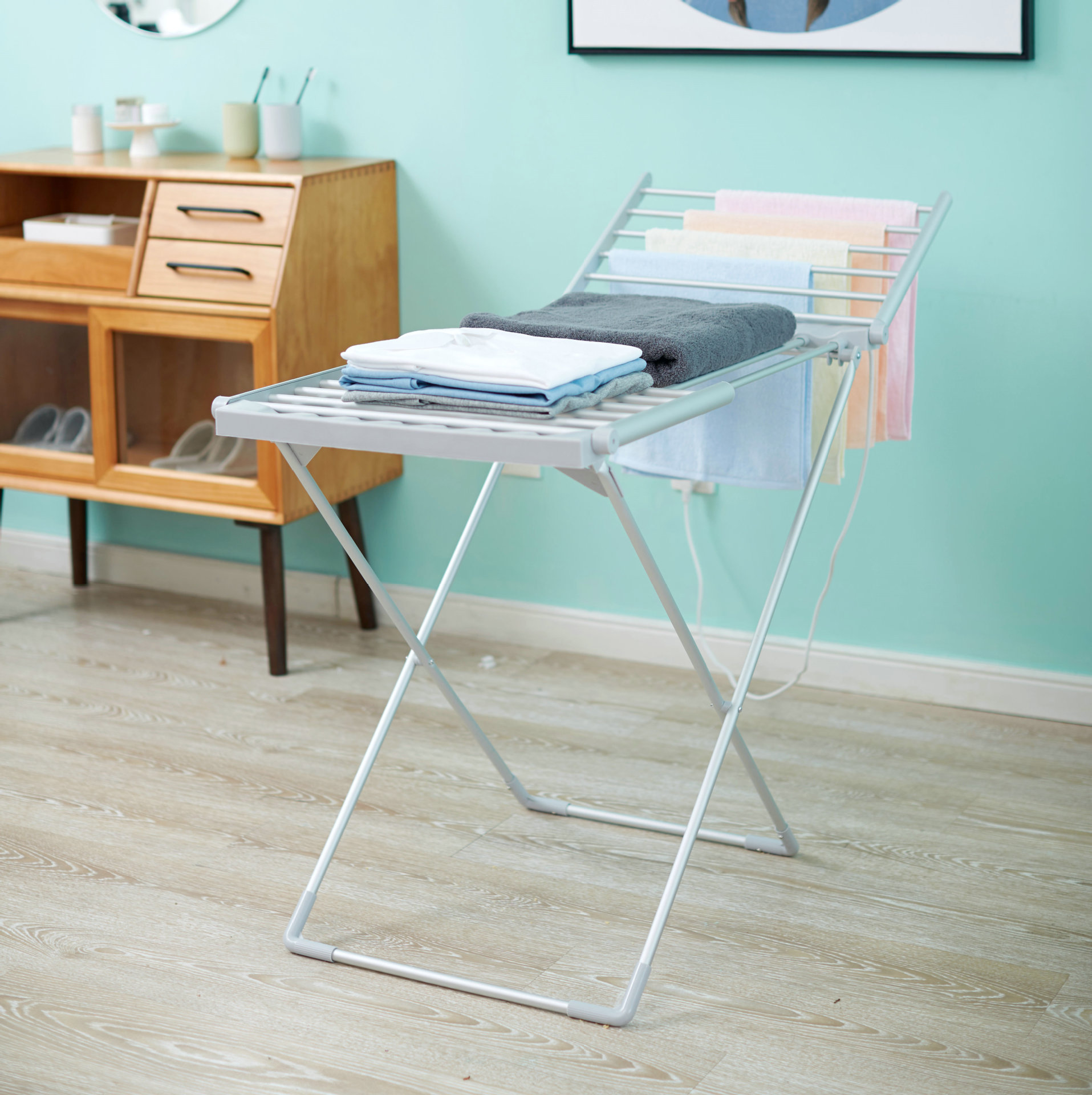 家用太空铝可折叠电热便携晾衣架 恒温免打孔落地衣物烘干置物架