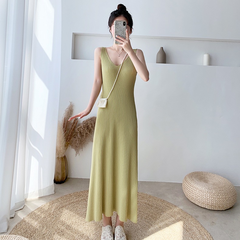 2023 New Summer Ice Silk Knitted Suspender Dress Women's Thin Inner Match Mid-Length Sleeveless Split Vest Dress