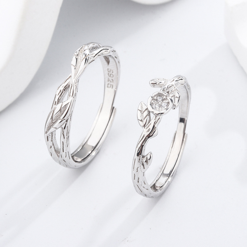 连理枝情侣戒指s925纯银一对轻奢小众设计对戒纪念礼物送男女友