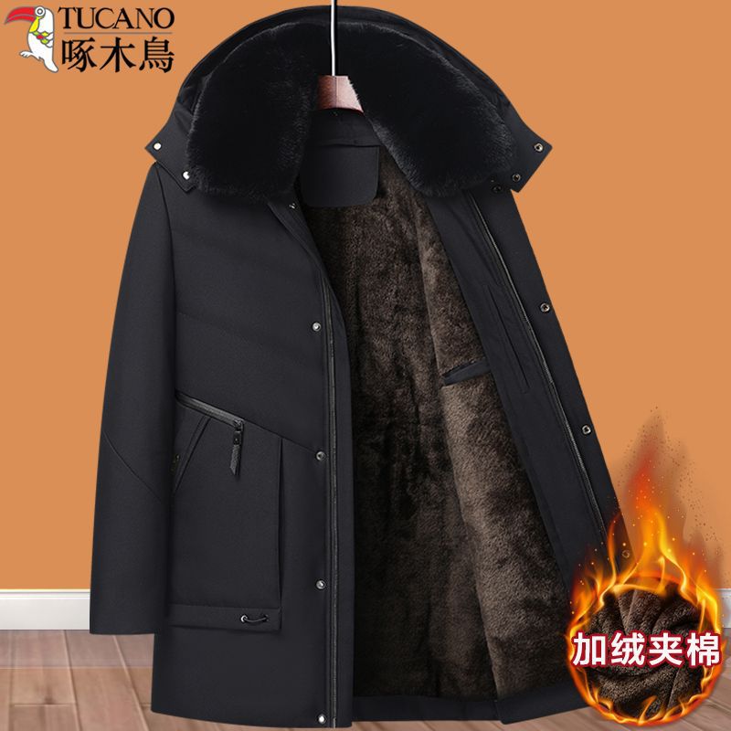 啄木鸟中年冬季中长款外套男中老年人加绒加厚棉服爸爸保暖棉衣服