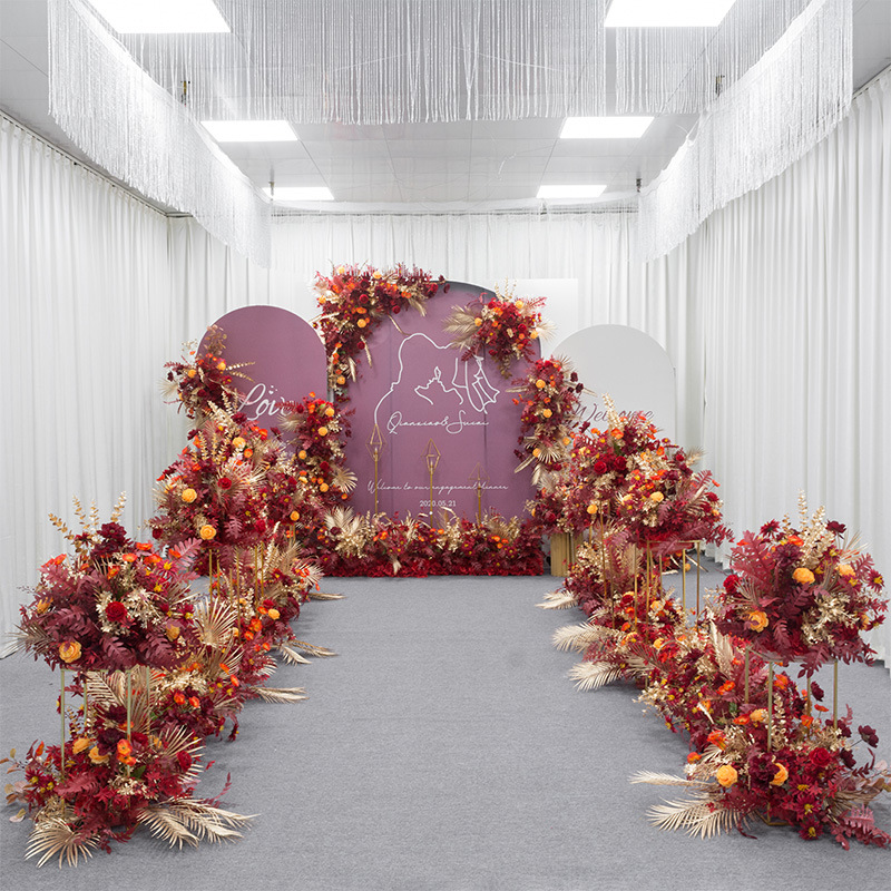 中式婚礼婚庆舞台迎宾区台装饰红金色地排花路引花点花花排