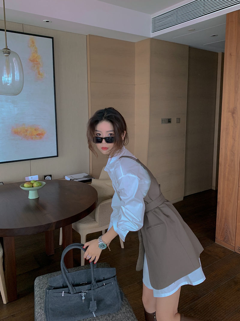 白色衬衫 黑色吊带连衣裙单件/套装女秋季韩版宽松两件套一件代发