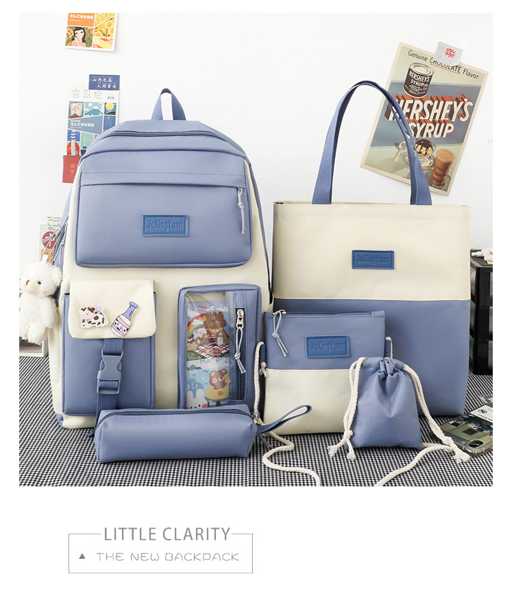 Five-Piece Schoolbag Women's New Korean Style Cute Girl's Backpack Large Capacity Casual Junior's Schoolbag Backpack