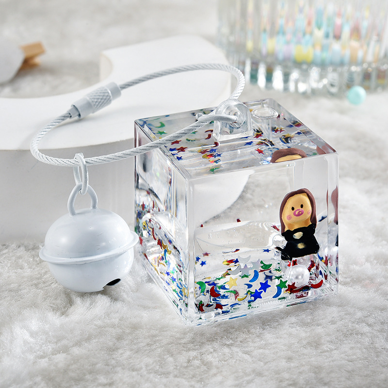 创意方瓶子入油漂浮液体流沙瓶钥匙扣艺术家萌萌系列汽车钥匙挂件