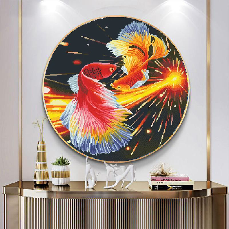 正品蒙娜丽莎十字绣 圆形双锦鲤 简约小件客厅卧室手工-阿里巴巴