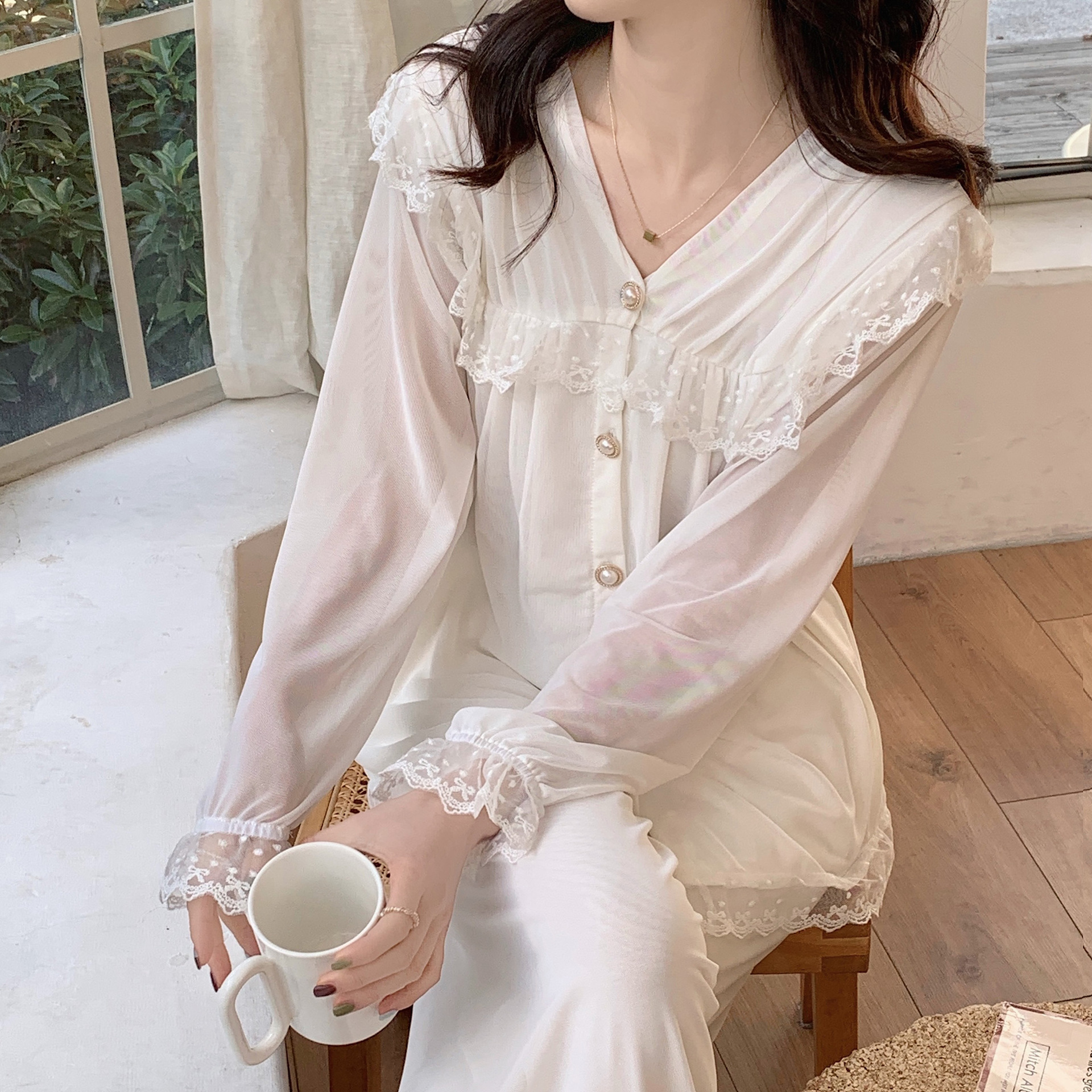 人气复古网纱睡衣女长袖春秋韩国宫廷性感睡衣舒适套装公主家居服