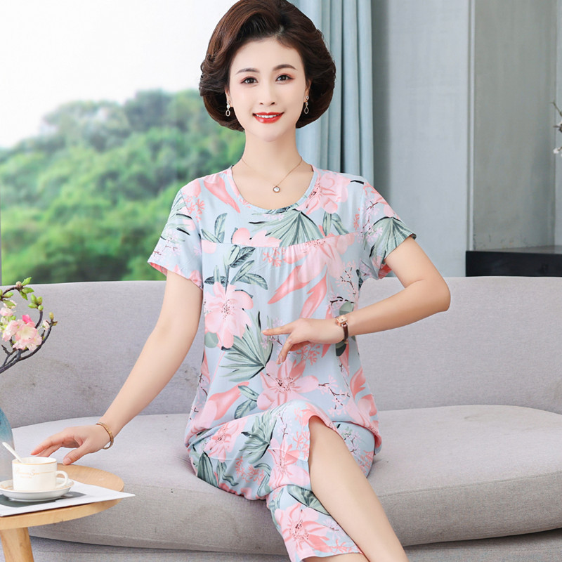 Pajamas Women's Summer Mom Poplin Pajamas Suit Middle-Aged and Elderly Short-Sleeved Home Wear Large Size Elderly Pajamas Can Be Worn outside