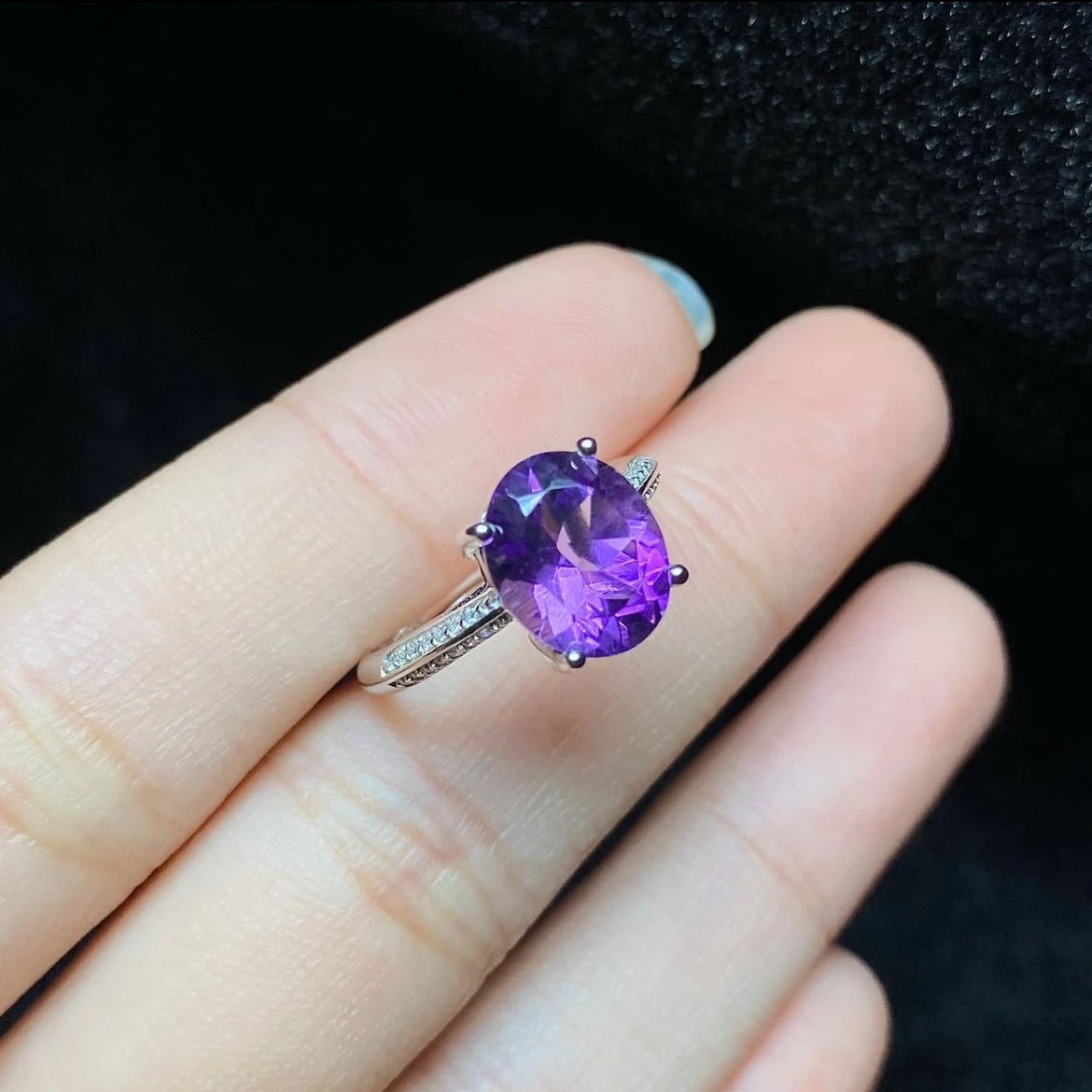 天然紫水晶戒指 s925银简约彩宝乌拉圭紫晶宝石指环 开口可调节