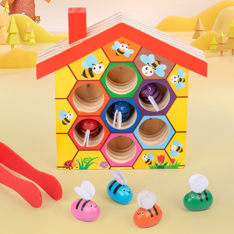 蒙氏早教木制抓虫游儿童益智过家家颜色认知夹小蜜蜂蜂箱配对玩具