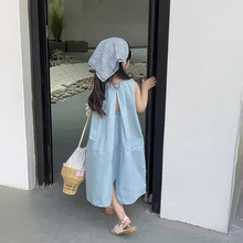 童装女童连衣裙2024夏装裙子女孩蓝色简约露背肩膀系蝴蝶结背心裙