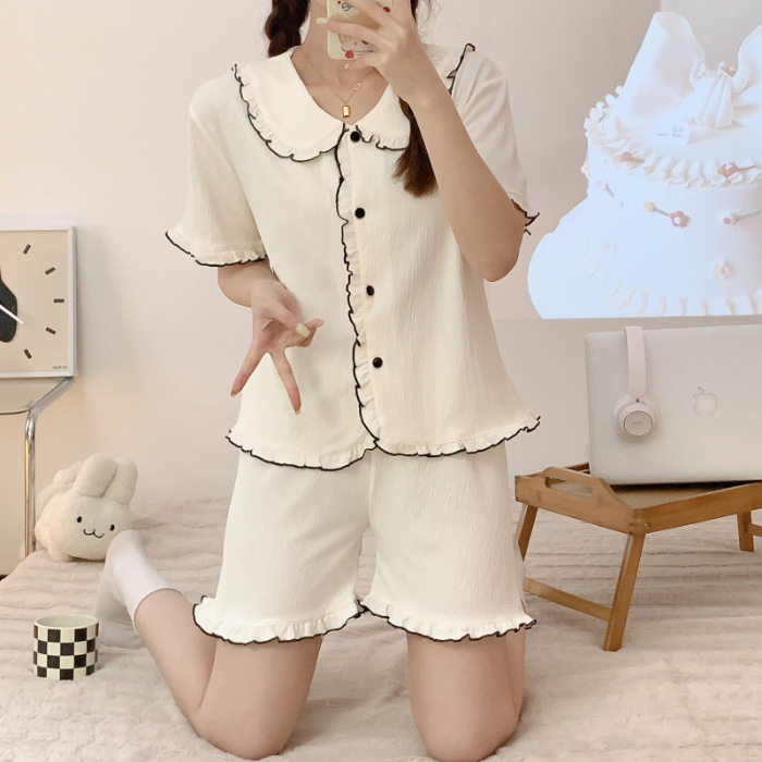Summer New Pajamas Women's Knitted Artificial Cotton Champray Lapel Cardigan Short Sleeve Shorts Sweet Girl Home Wear Suit