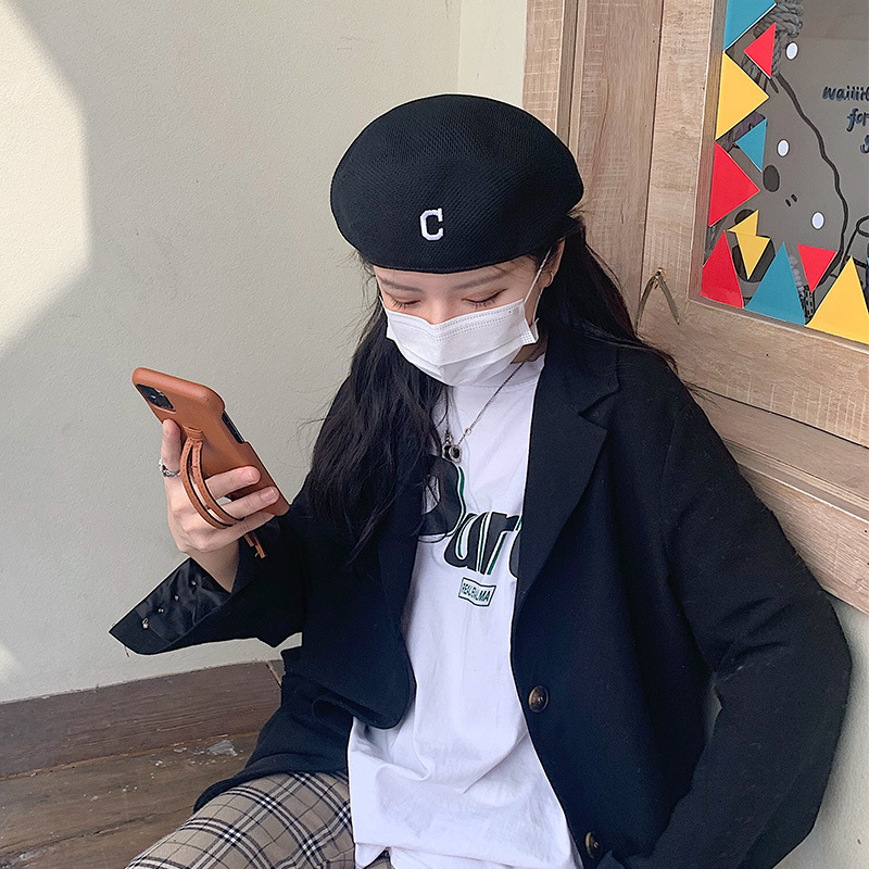 ins日系透气反戴贝雷帽女春秋英伦复古前进蓓蕾帽c字母画家帽子女