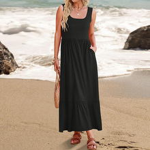 亚马逊跨境2024新款夏季热卖沙滩裙时尚欧美拼接U领侧口袋连衣裙