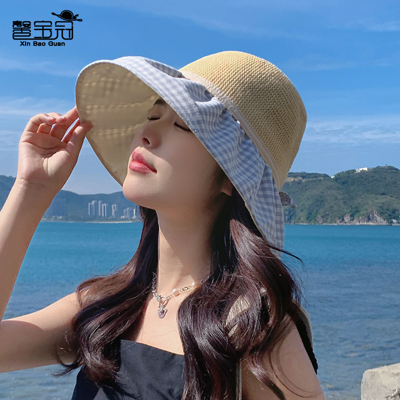 8179 Bucket Hat Women's Summer Korean Style Large Brim Plaid Sun Hat Bow Sun Hat Double Layer Sun-Proof Basin Hat