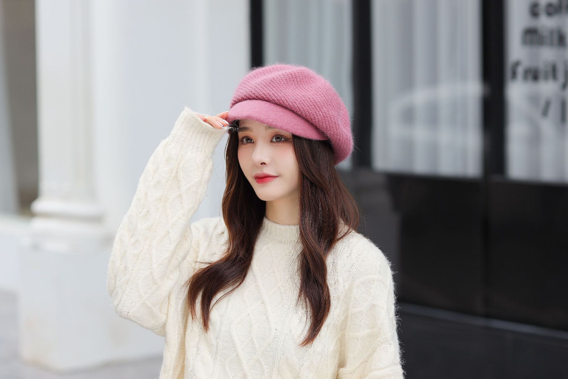2021韩版女贝雷帽时尚冬季针织鸭舌帽兔毛八角帽可爱保暖帽子围脖
