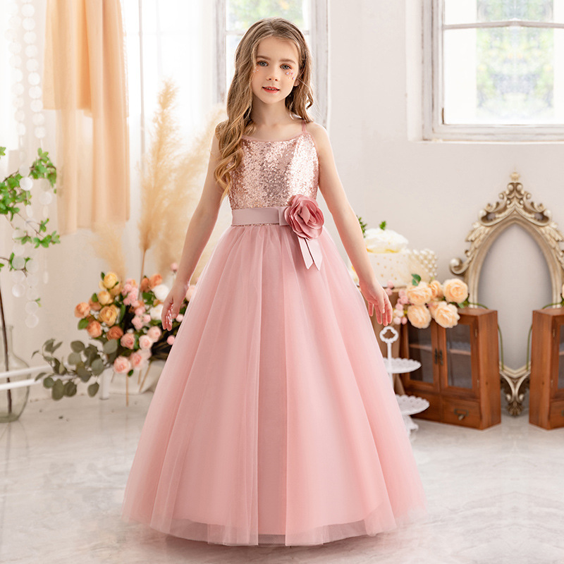 跨境女童派对服装吊带公主裙儿童礼服花童裙演出服亮片蓬蓬纱裙