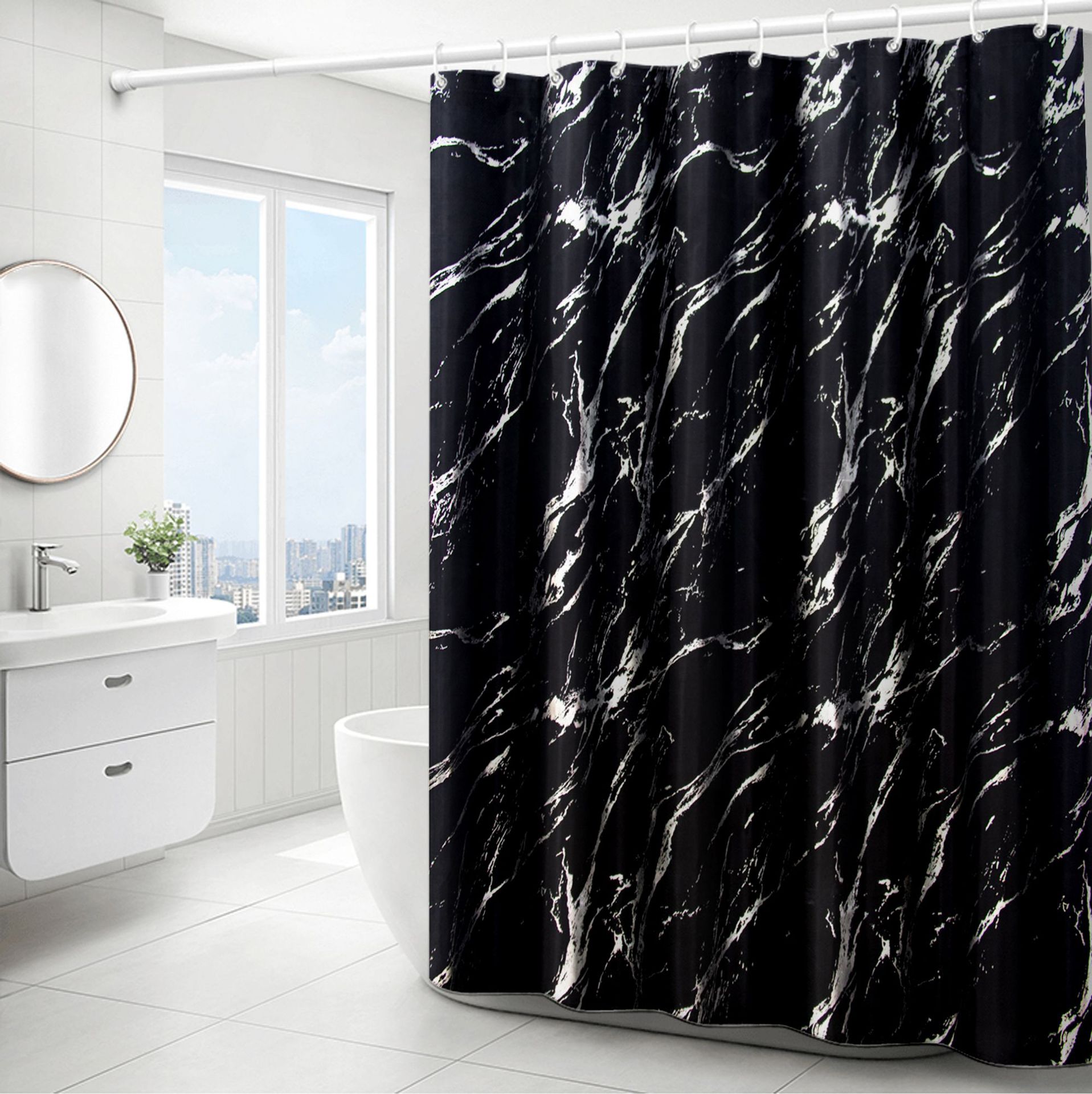 Cross-Border Hot Selling Light Luxury and Simplicity Hot Silver Gilding Marbling Bathroom Bathroom Waterproof Shower Curtain Bath Curtain Partition