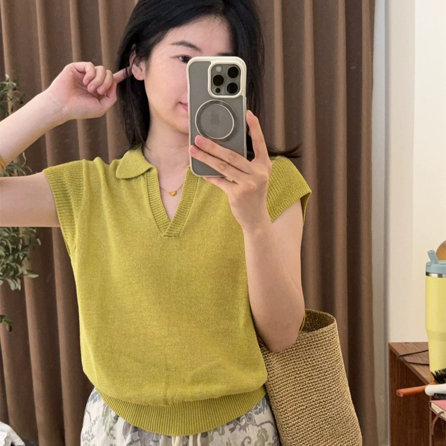 【和纸纱polo】干爽透气莱赛尔简约翻V领针织衫女显瘦短袖T恤上衣