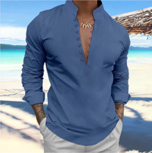 男士亚麻休闲独立站夏季衬衫沙滩长袖素色圆领春夏夏威夷基本款