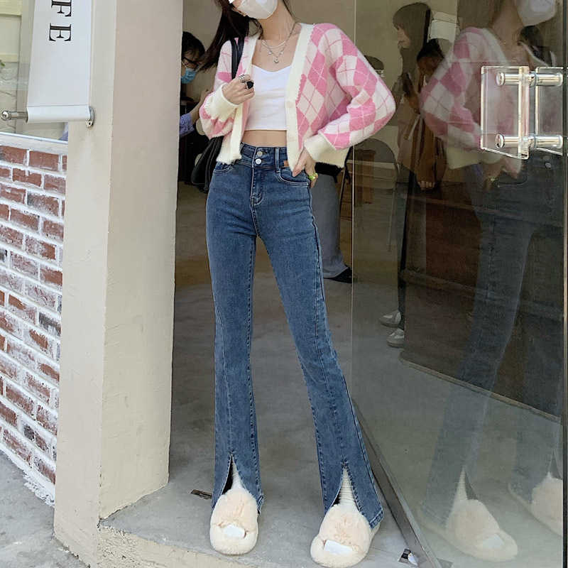 批发新款小个子学生垂感拖地开叉牛仔裤春装高腰显瘦拉链微喇长裤