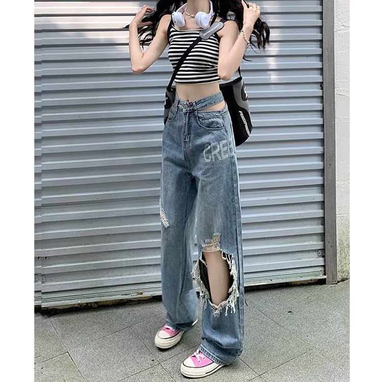Loose Hole Jeans for Women Low Waist Thin Summer Straight Baggy Pants Wide Leg Mop Pants High Street Ins Fashion