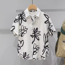 小众设计感满印短袖衬衫男夏季新款时尚青年韩版潮流翻领衬衣