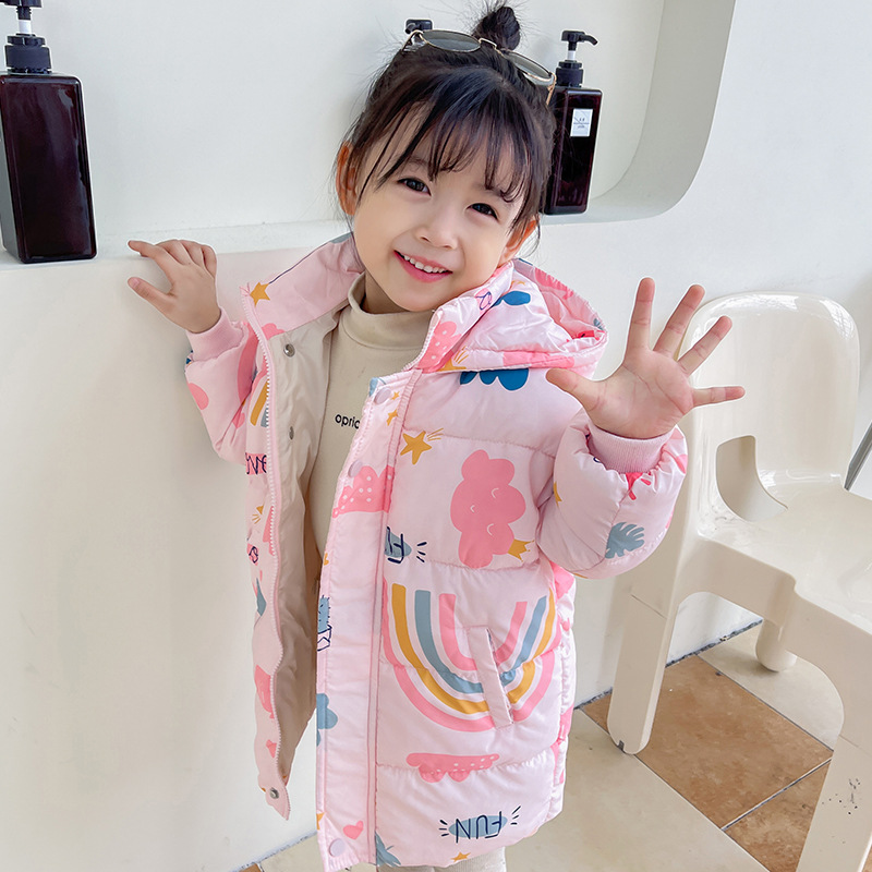 2023 New Children's down and Wadded Jacket Mid-Length Korean Style Boys and Girls Baby Cute Thickened Cotton Padded Coat