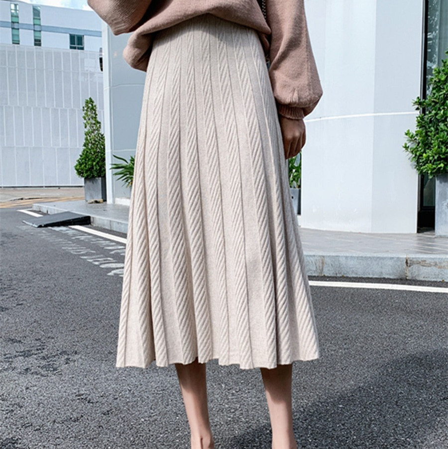 针织半身裙女2023春秋新款中长款高腰a字毛线裙遮胯显瘦百褶伞裙
