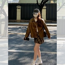 美式复古棕色皮衣短外套秋季2023新款女装高级感小个子机车服夹克