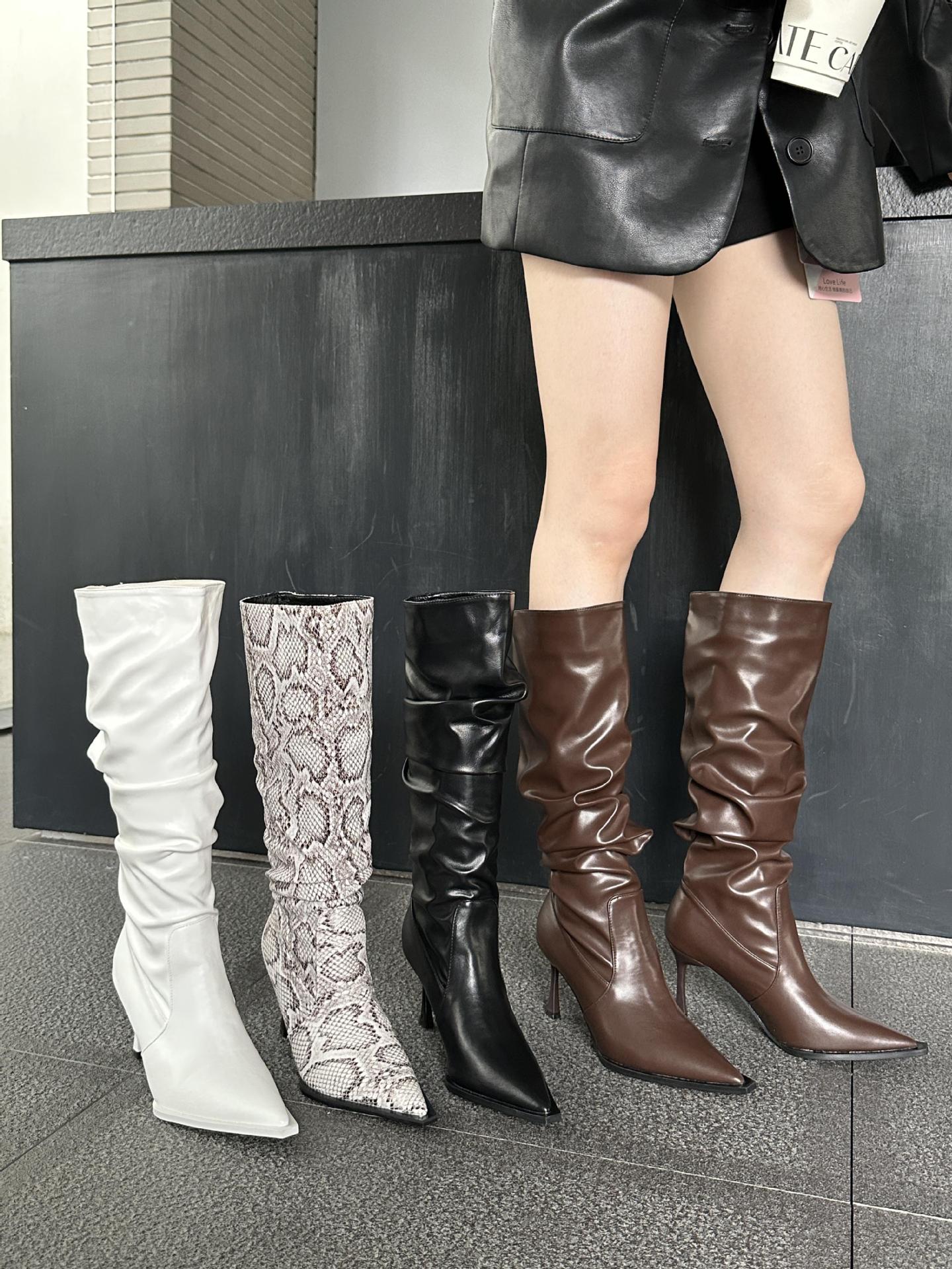 欧美尖头褶皱高筒长靴女2023秋季细跟蛇纹堆堆靴高跟不过膝长筒靴