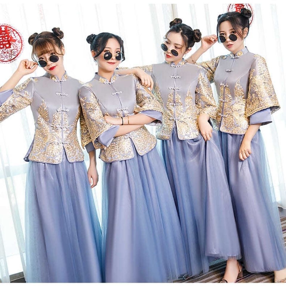 伴娘服中式 中国风新款蓝色长款长袖创意伴娘服演出服-阿里巴巴