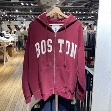 BM风新款美式复古Boston贴布刺绣拉链外套女上衣bm大板型连帽卫衣