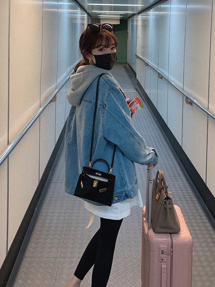 春季新款韩版连帽假两件拼接卫衣牛仔外套女装上衣潮流酷复古百搭