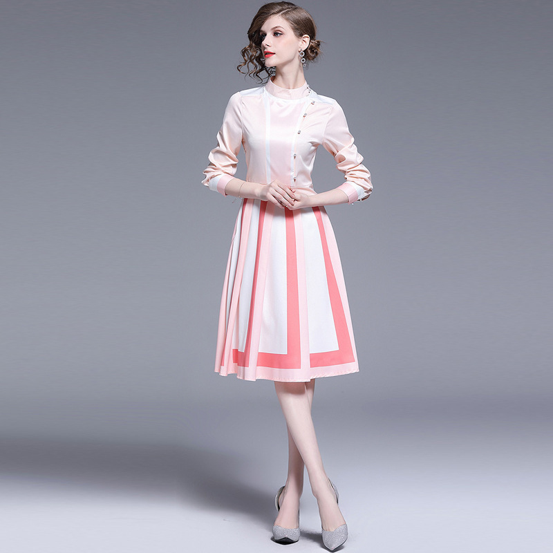 2019春秋新款 立领长袖粉白拼接a字裙 时尚条纹连衣裙欧美英伦风