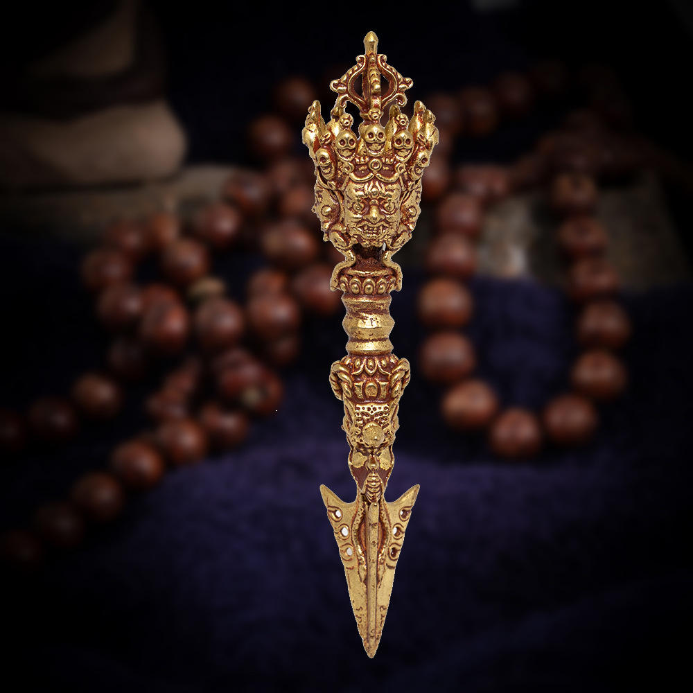 藏传佛教法器 尼泊尔手工打造黄铜鎏金普巴金刚杵 马头降魔金刚橛