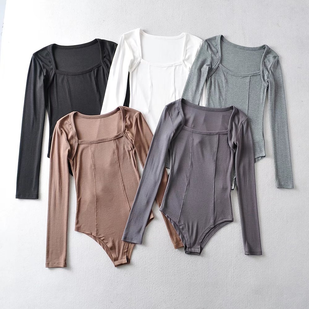 秋季纯色弹力连体裤欧美风女装新款方领拼接开档紧身长袖连体裤